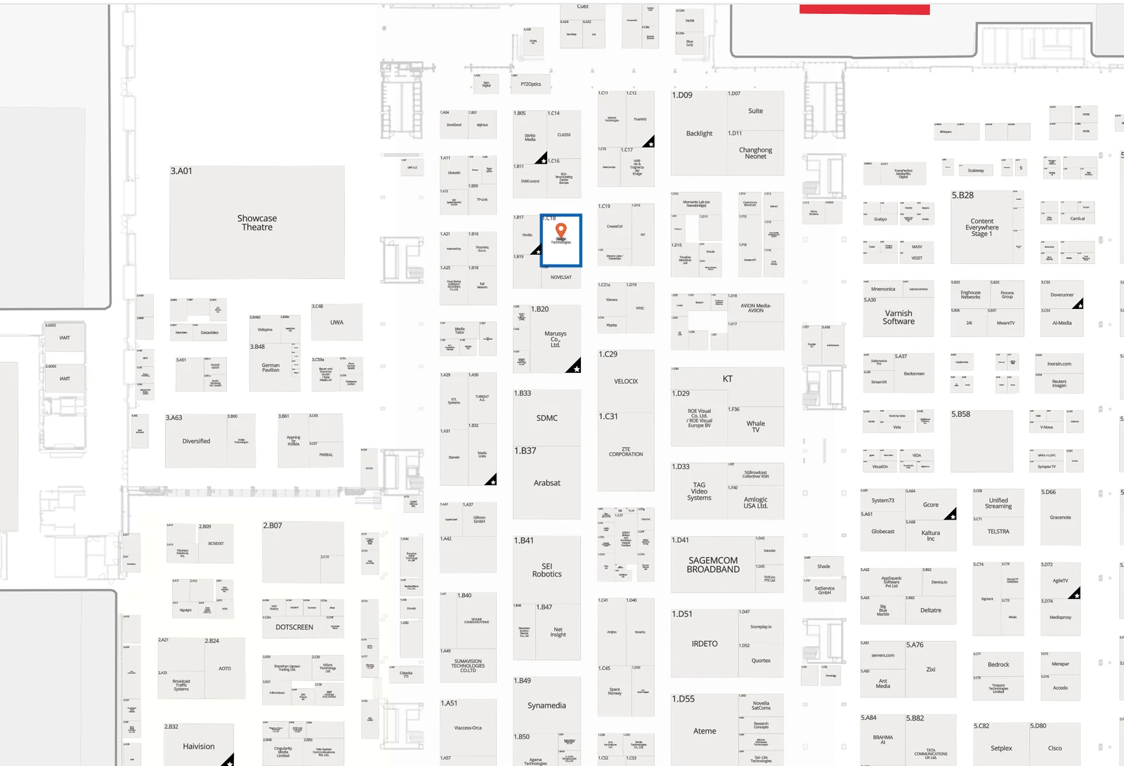 Official IBC2026 floor plan of Hall 1 at RAI Amsterdam, with stand 1.C18 (Redge Technologies, hosting Vestigit) highlighted among the surrounding stands.